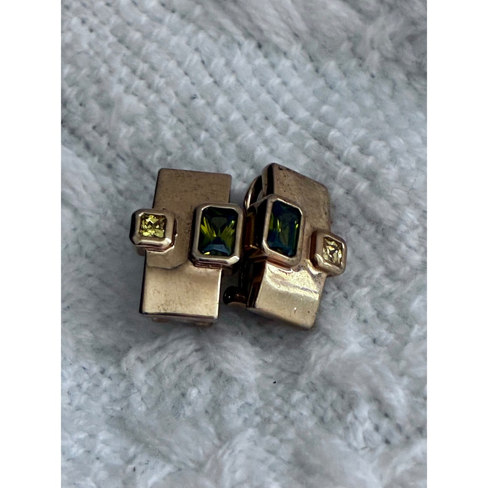 Vintage Gold Tone Green Crystal Geometric Earrings Art Deco Modernist
